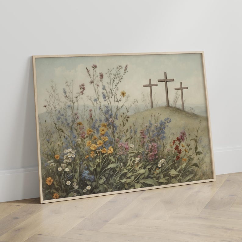 Jezus kruisiging/het is voltooid religieuze Pasen muur kunst afdrukbare, christelijke 3 kruisen op de heuvel van Golgotha vintage olieverfschilderij poster afdrukken afbeelding 4