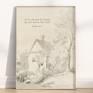 Joshua 24:15 As for Me and My House Bibel Vers Wand Kunst druckbare, christliche Vintage Landschaft Zeichnung Schrift Zitat Kunstwerk Poster Druck