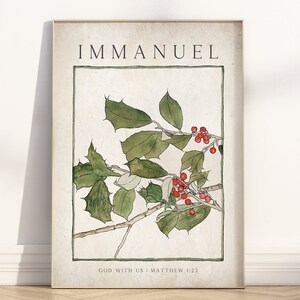 Immanuel God with us Vintage Christmas Bible Verse wall art printable, Matthew 1:23 Christian religious watercolor Scripture Quote Artwork