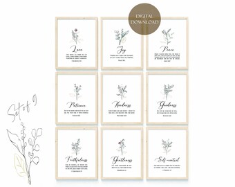 Fruit of the Spirit Bible verse printable wall art Set of 9, Galatians 5:22-23 Modern Christian Minimalist Watercolor Floral Scripture Print