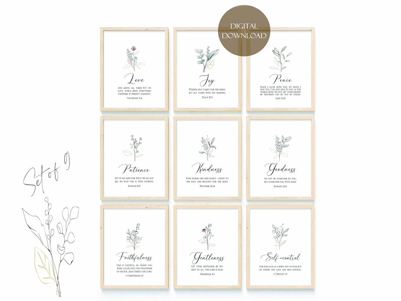 Fruit of the Spirit Bible Verse Printable Wall Art Set of 9, Galatians ...