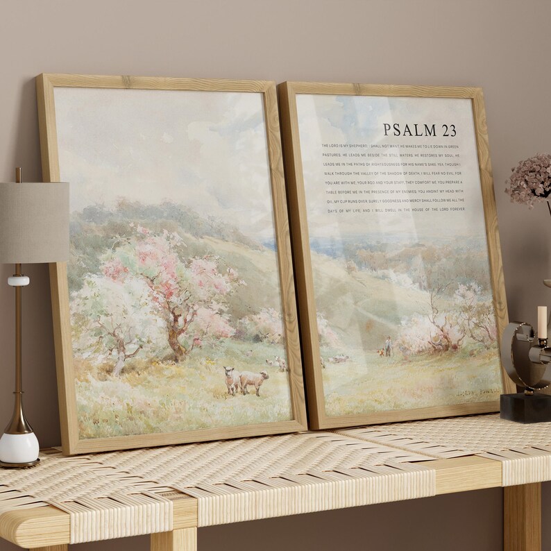 Psalm 23 Full Chapter Bible Verse wall art printable, Set of 2 Christian Vintage oil painting landscape scripture quote Artwork poster print image 2