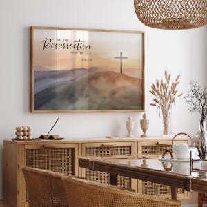 I am the resurrection Bible Verse Printable Wall Art, John 11:25 Cross on the hill Christian Easter Scripture Quote Artwork Print image 3