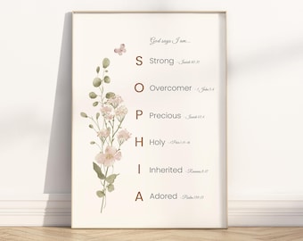 Identity in Christ Christian Girl Name Bible Verse printable wall art, Customized "God Says I am" nursery scripture Name Sign