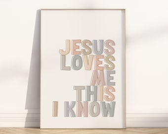 Jesus loves me this I know printable wall art, Boho Christian nursery hymn Lullaby Lyrics Church Sunday School Poster print Baby Shower Gift