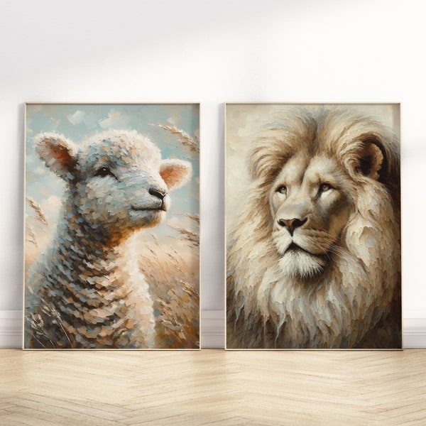 Lion of Judah Lamb of God Religious Easter wall art Printable, Christian vintage oil painting Artwork poster print set of 2 digital download