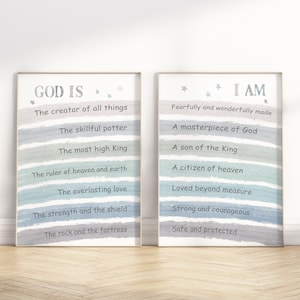 God is & I am Christian Kids Positive Affirmation Printable Wall Art, Identity in Christ Boy nursery/Sunday School/Classroom Set of 2 poster