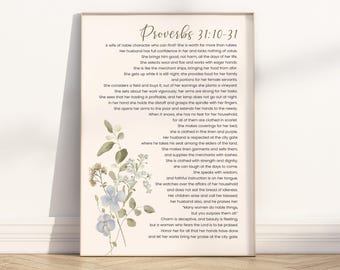 Proverbs 31:10-31 Christian Bible Verse Printable Wall Art, Virtuous Woman Neutral Floral Scripture Quote Print