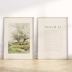 May include: Two printable art prints with a watercolor painting of a pastoral scene with sheep grazing in a field and a text print of Psalm 23.