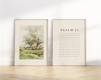 Salmo 23 capitolo completo versetto della Bibbia stampabile, set di 2 dipinti a olio cristiani vintage, paesaggio, scrittura, citazione, opera d'arte, stampa poster
