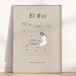 El Roi-Hagar in der Wüste Minimalistische christliche Wandkunst zum ausdrucken, hebräischer Name Gottes-Der Gott, der mich sieht Bibelgeschichten-Illustrationskunstwerk
