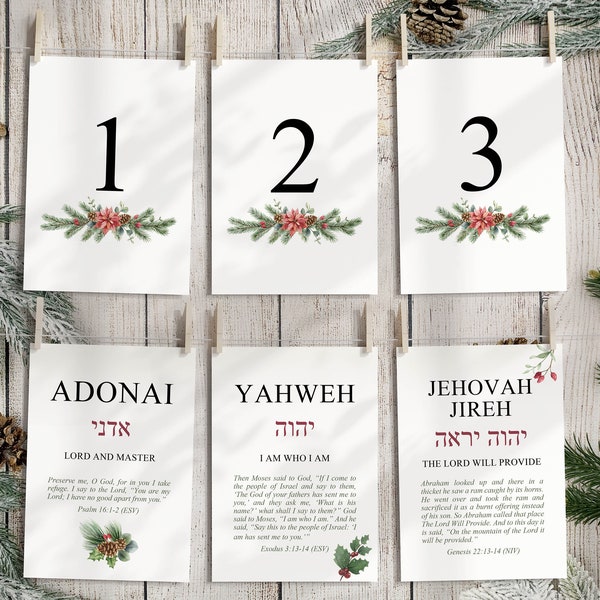 25 Hebrew Names of God Christmas Advent Calendar Printable Scripture Card, Old Testament Bible Verse Quote Christian Countdown Digital print