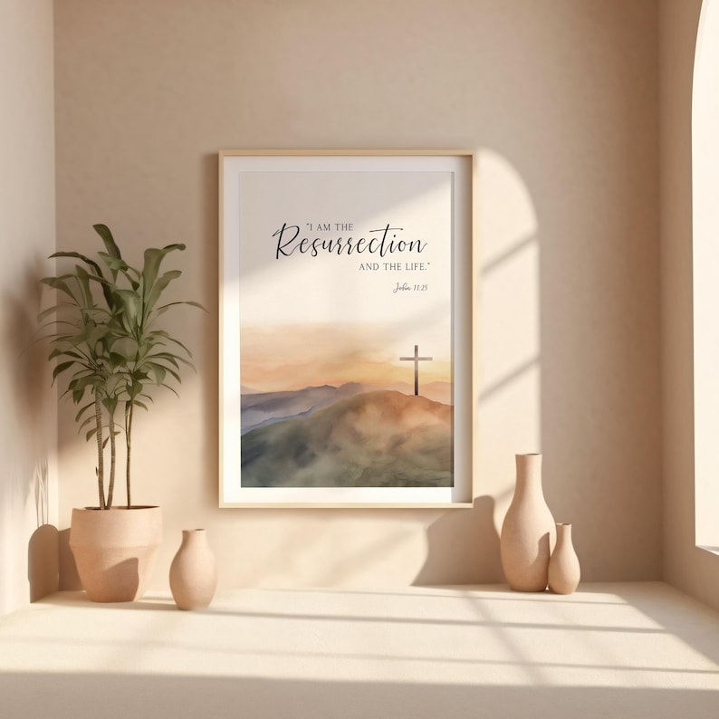 Arte de pared imprimible con versículo bíblico "Yo soy la resurrección", Juan 11:25, decoración religiosa cristiana de Pascua, obra de arte con cita de la cruz de Jesús imagen 8