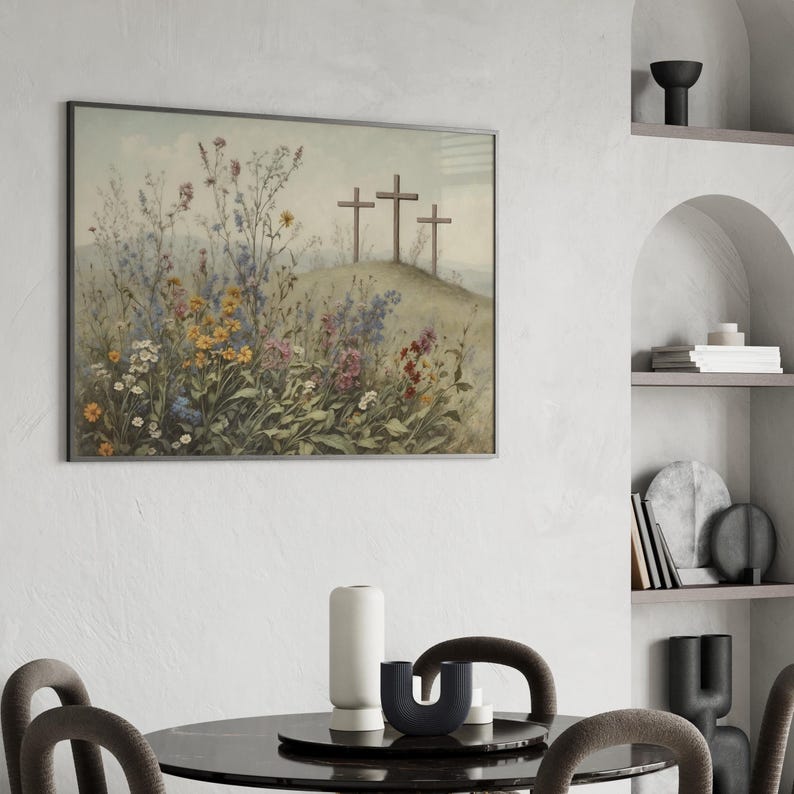 Jezus kruisiging/het is voltooid religieuze Pasen muur kunst afdrukbare, christelijke 3 kruisen op de heuvel van Golgotha vintage olieverfschilderij poster afdrukken afbeelding 6