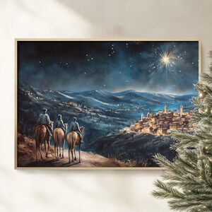 Arte de pared navideño imprimible de los Tres Reyes Magos, pintura de la historia de la Natividad bíblica de la Estrella de Belén de la Nochebuena cristiana, póster artístico impreso