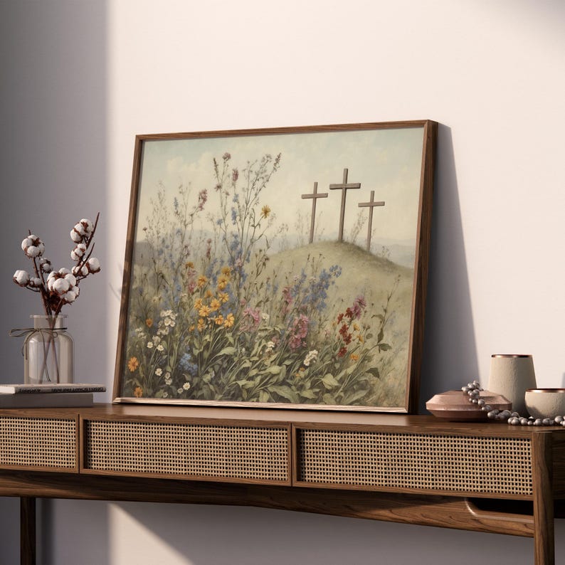 Jezus kruisiging/het is voltooid religieuze Pasen muur kunst afdrukbare, christelijke 3 kruisen op de heuvel van Golgotha vintage olieverfschilderij poster afdrukken afbeelding 5