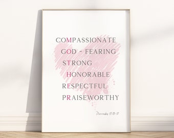 Mother acronym Proverbs 31 virtuous woman attributes bible verse wall decor printable, Modern Christian Minimalist Mothers Day poster print