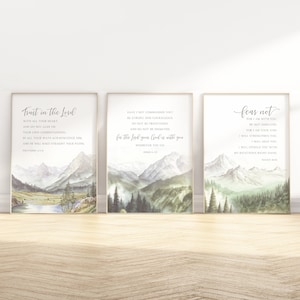 Set of 3 Isaiah 41:10, Joshua 1 9, Proverbs 3 5-6 Bible Verse wall art, Modern Christian watercolor landscape scripture quote artwork Poster