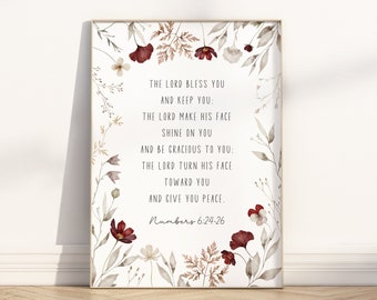Numbers 6:24-26 The Lord Bless you and Keep you Bible Verse printable wall art, Modern Christian Floral Nursery Scripture Quote poster print