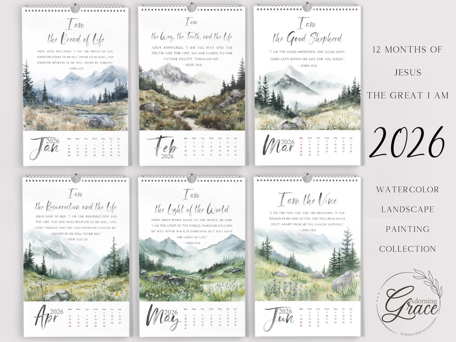 2026 Christian Calendar Printable: 12 Months of Jesus the Great "i Am ...