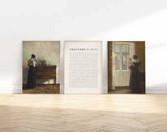 Sprüche 31: 10-31 Tugendhafte Frau Bibel Vers Wand Kunst druckbares Set von 3, Vintage Christian Scripture Zitat Ölgemälde religiöses Kunstwerk