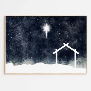 Ster van Bethlehem Jezus Stabiele christelijke afdrukbare muurkunst, moderne, minimalistische aquarel kerststaldecor, heilige nachtkunstwerk