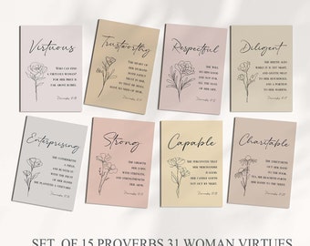 Spreuken 31 vrouw set van 15 attributen bijbelvers afdrukbare kaarten moderne christelijke moederdag schrift geheugenkaart cadeau voor christelijke moeder