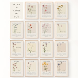 15 Hebrew Names of God Bible Verse printable wall art gallery set Bundle, Christian Vintage Botanical Scripture Quote Floral Artwork Posters