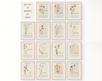 15 Hebreeuwse namen van God bijbelvers afdrukbare muur kunstgalerie set bundel, christelijke vintage botanische schrift citaat bloemen artwork posters