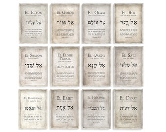 12 Hebrew Names of God Bible Verse printable wall art gallery set Bundle, Christian Vintage Old Testament Scripture Quote Neutral Home Decor