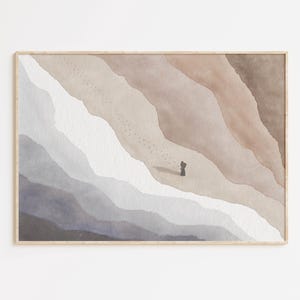 May include: A watercolour painting of a landscape with a single figure walking on a path. The landscape is painted in shades of brown, beige, and grey, with a soft, dreamy feel. The figure is small and appears to be walking away from the viewer.