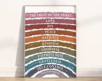 Fruit of the Spirit Kids Boho Rainbow Bible verse wall art printable, Galatians 5:22-23 nursery Church Sunday School homeschool room poster