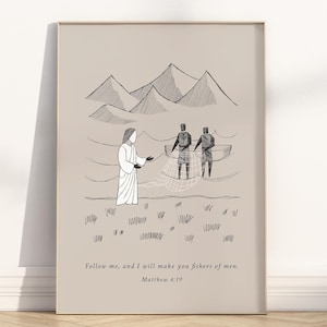 Fischer der Männer Minimalistische christliche Wandkunst druckbare, moderne abstrakte Bibelgeschichte Illustration Matthäus 4:19 Schriftkunstwerk Poster Druck