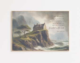 Matteo 7:25 casa costruita sulla roccia Versetto della Bibbia Wall Art stampabile, poster di opere d'arte di pittura a olio di illustrazioni vintage religiose cristiane