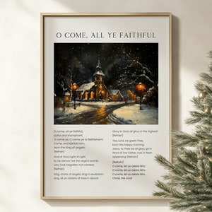 O Come All Ye Faithful kersthymne afdrukbare muurkunst, Christian Church Carol songteksten landschap olieverfschilderij vakantie kunstwerk poster