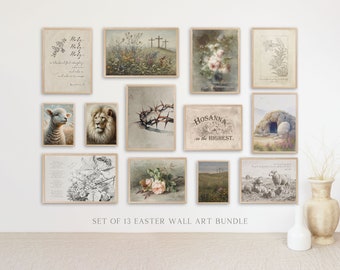 Religious Easter Vintage gallery wall art printable set of 13, Christian Decoration Bible Verse Quote painting artwork Poster print Bundle