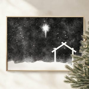 Star of Bethlehem Baby Jesus Stable Christian printable wall art, modern minimalist watercolor Christmas nativity scene silent holy night