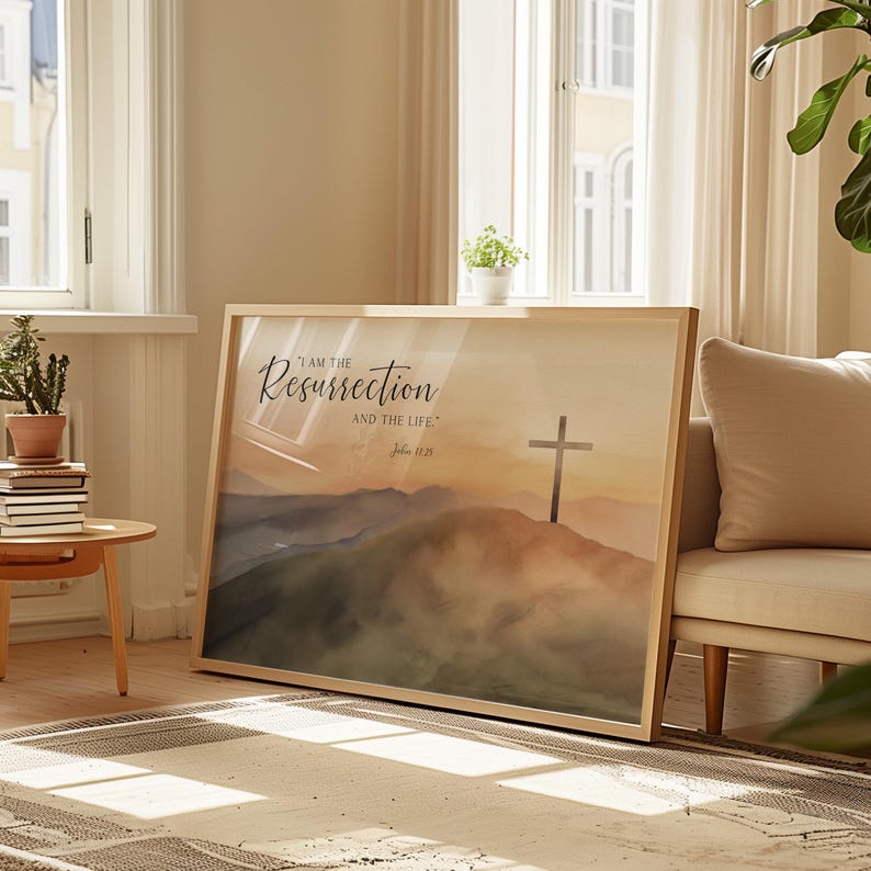 I am the resurrection Bible Verse Printable Wall Art, John 11:25 Cross on the hill Christian Easter Scripture Quote Artwork Print image 2