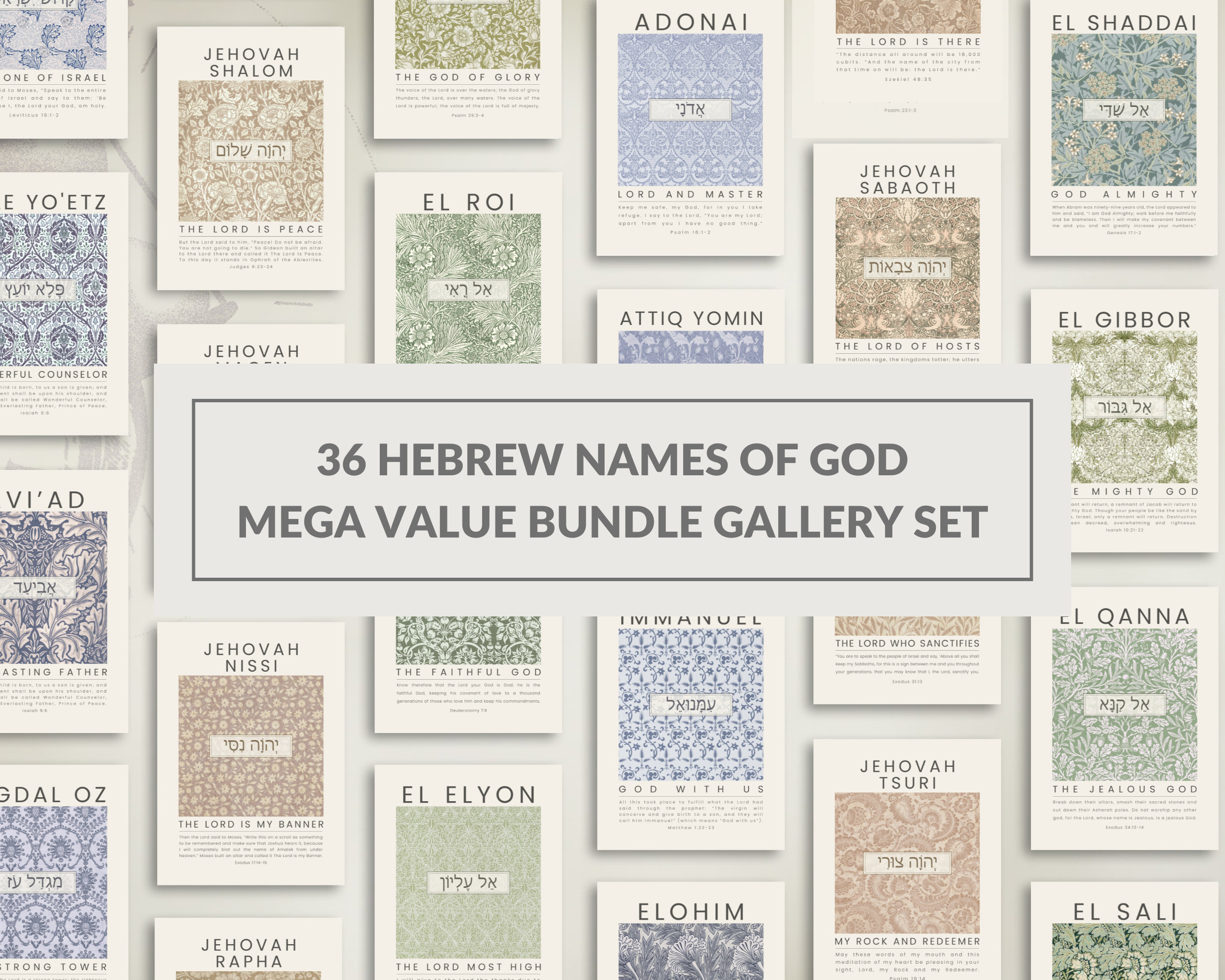 36 Hebrew Names of God Bible Verse Printable Wall Art Gallery Set ...
