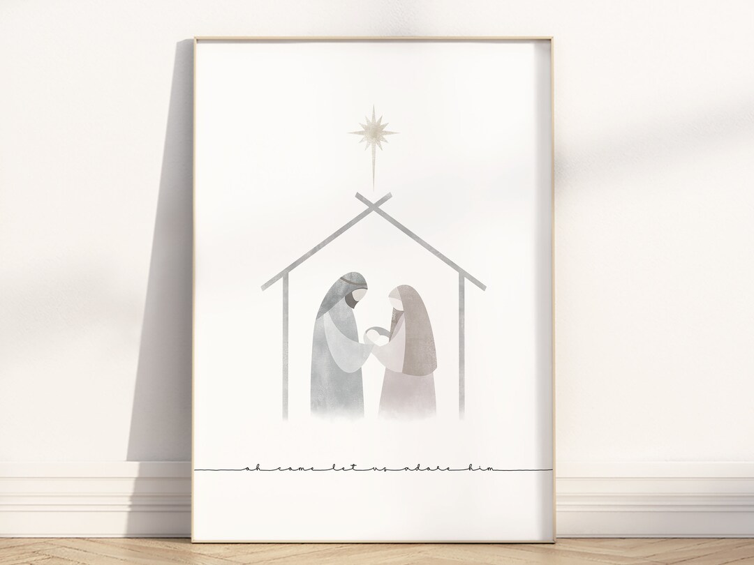 Minimalist Nativity Scene Bible Verse Wall Art Printable, Boho Oh Come