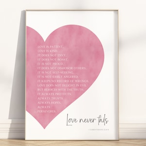 1 Korinther 13: 4-8 Liebe scheitert nie Bibel Vers druckbare Wandkunst, moderne christliche Schrift Zitat religiöses Kunstwerk Plakat Hochzeitsgeschenk