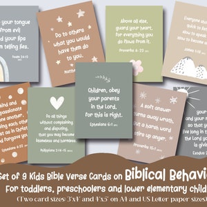 Cartões de versículos bíblicos para crianças sobre comportamentos bíblicos, cartões de memória das Escrituras para crianças cristãs para crianças em idade pré-escolar, alunos do ensino fundamental inferior