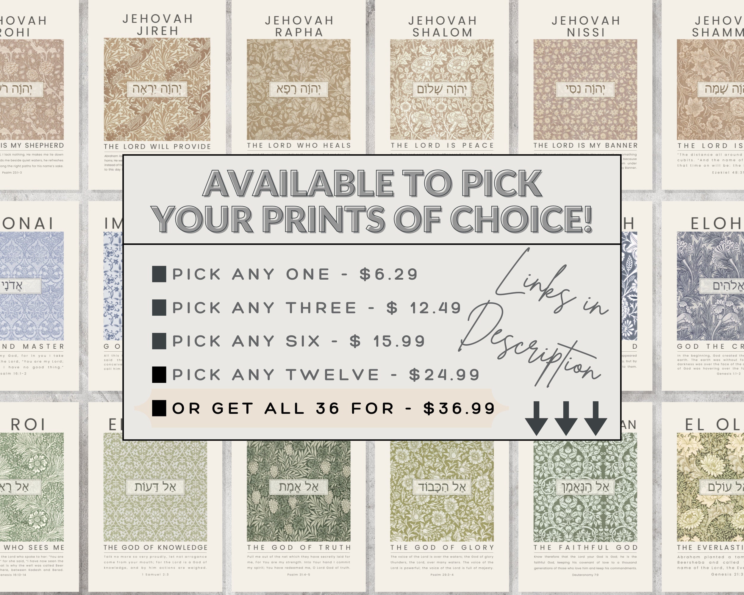 36 Hebrew Names of God Bible Verse Printable Wall Art Gallery Set ...