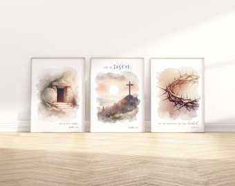 Christelijke Pasen bijbelvers muur kunst afdrukbare set van 3, religieuze schrift citaat Matthew 28:6 aquarel schilderij artwork poster afdrukken