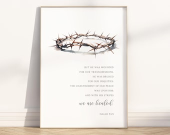 Isaiah 53:5 with his stripes we are healed Easter Christian Wall art printable, Modern Religious watercolor painting illustration Artwork