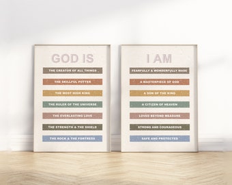 Identità in Cristo Bambini affermazione Bibbia Versetto Stampabile Arte da parete, Set di 2 Modern Boho Christian Scrittura Citazione Boy Nursery Artwork Print