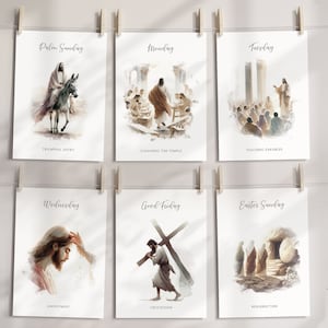 Christelijke heilige week paasverhaal kaart afdrukbaar, religieuze aquarel illustratie schriftcitaat afdrukken, gezinseducatie trivia partyspel