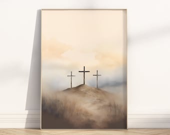 Jezus kruisiging religieus Pasen kunst aan de muur afdrukbaar, christelijke 3 kruisen op de Golgotha-heuvel, goede vrijdag halverwege de eeuw aquarel posterafdruk