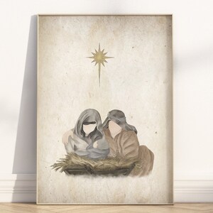 Weihnachtskrippe Wand Kunst druckbare, rustikale christliche Aquarell Poster Druck, Krippe / Maria / Joseph / Jesuskind / Stern von Bethlehem