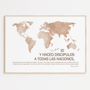 Spanish the Great Commission Bible Verse printable wall art, Matthew 28:19-20 Christian scripture quote watercolor world map large artwork